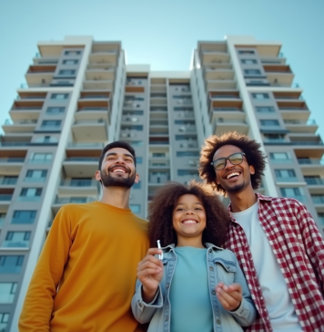 Logement PLS : définition, avantages et conditions d’accès Famille souriante devant un immeuble moderne avec clés