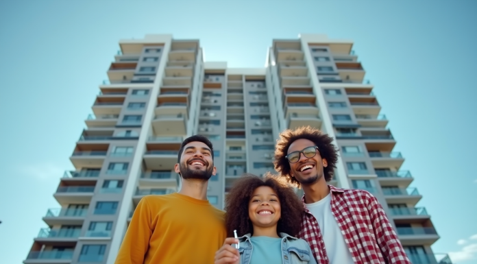 Famille souriante devant un immeuble moderne avec clés