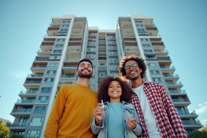 famille-immobilier-urban Famille souriante devant un immeuble moderne avec clés