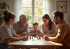 Famille multigenerational jouant à un jeu de société dans un salon lumineux