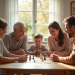 Famille multigenerational jouant à un jeu de société dans un salon lumineux