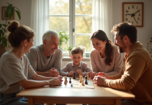 Famille multigenerational jouant à un jeu de société dans un salon lumineux