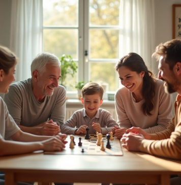 Famille multigenerational jouant à un jeu de société dans un salon lumineux