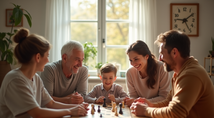 Famille multigenerational jouant à un jeu de société dans un salon lumineux