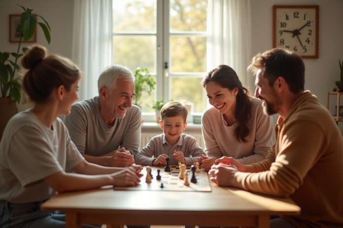Famille multigenerational jouant à un jeu de société dans un salon lumineux