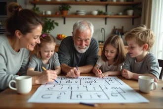 Famille jouant à un jeu de mots type Wordle autour d'une table en bois dans une cuisine chaleureuse