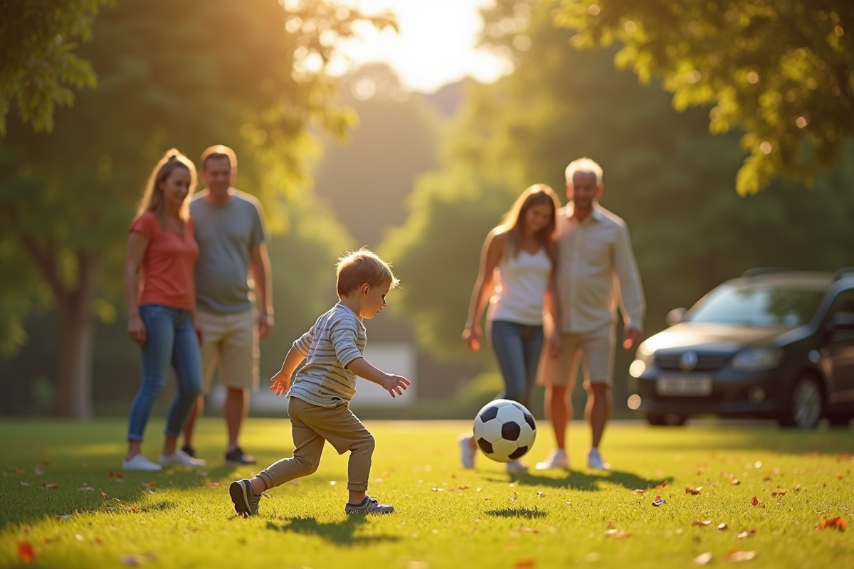 Famille dans un parc avec balle près d