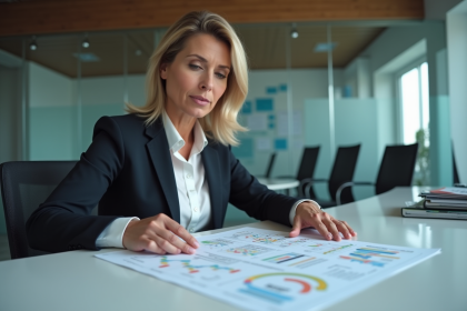 Femme d'affaires analysant un diagramme de processus