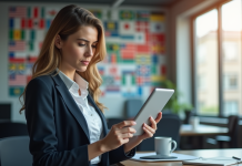 Femme d'affaires utilisant une tablette avec logiciel de traduction