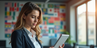 Femme d'affaires utilisant une tablette avec logiciel de traduction