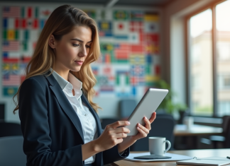 Traduction automatisée : l’intelligence artificielle à votre service ! Femme d'affaires utilisant une tablette avec logiciel de traduction