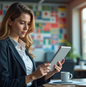 Femme d'affaires utilisant une tablette avec logiciel de traduction