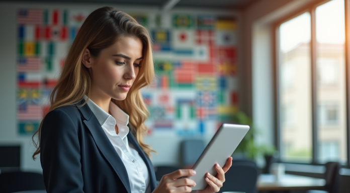 Femme d'affaires utilisant une tablette avec logiciel de traduction