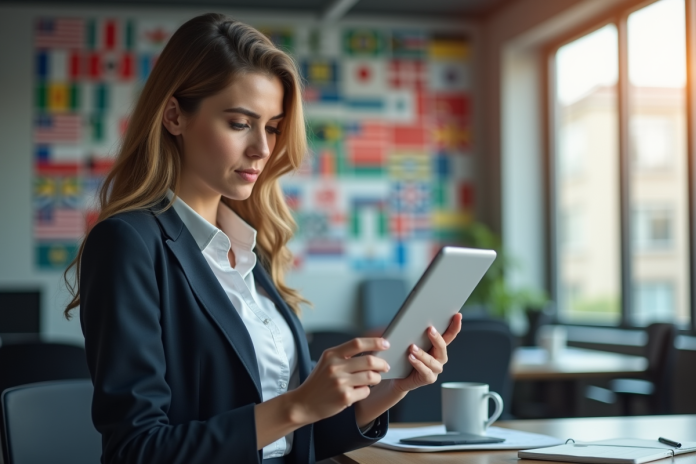 femme-affaires-traduction-multilingue Femme d'affaires utilisant une tablette avec logiciel de traduction