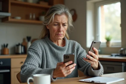 Femme agacée recevant un appel de démarchage téléphonique sur son smartphone dans sa cuisine