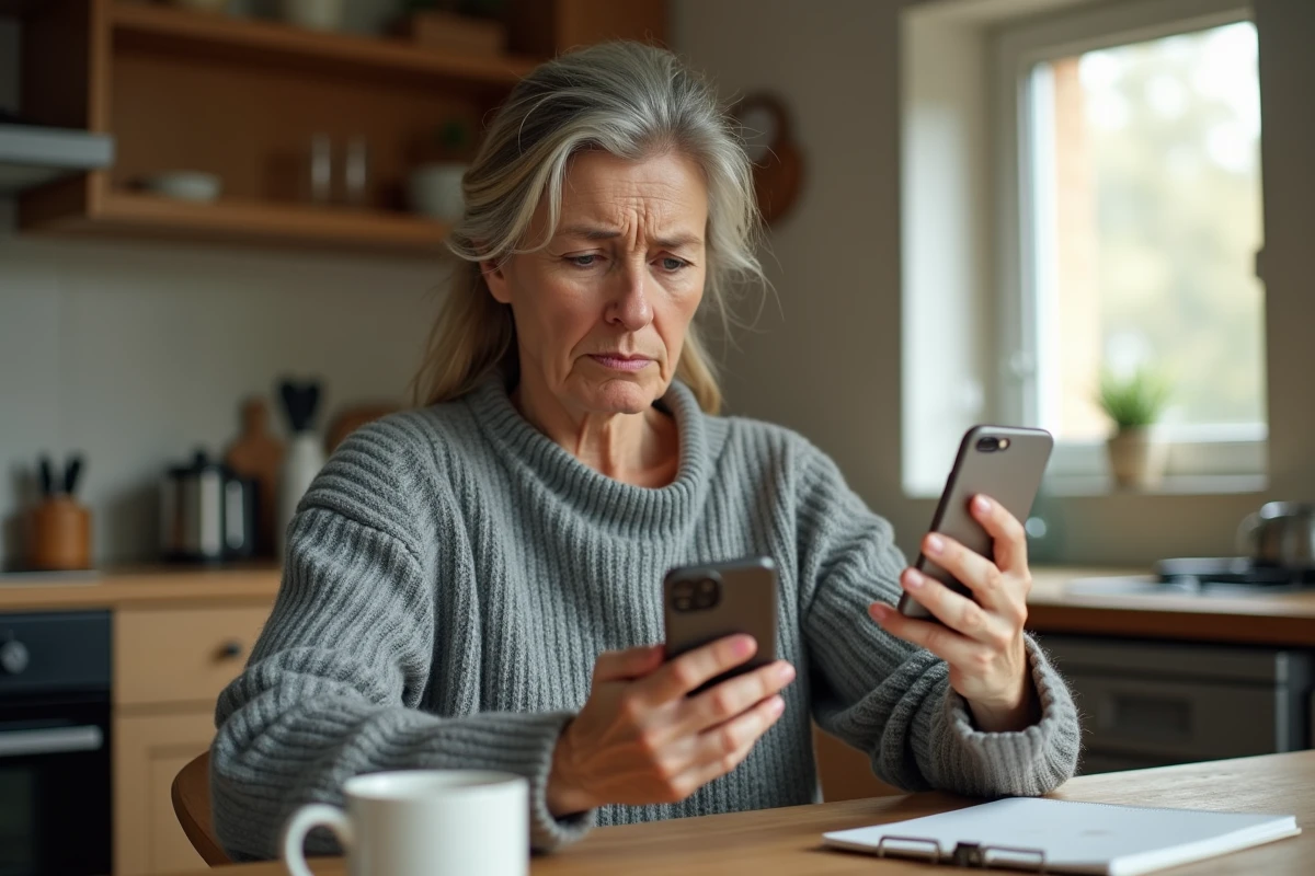 Femme agacée recevant un appel de démarchage téléphonique sur son smartphone dans sa cuisine