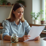 Femme d'âge moyen tenant un jar rempli de pièces et billets