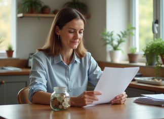 Femme d'âge moyen tenant un jar rempli de pièces et billets
