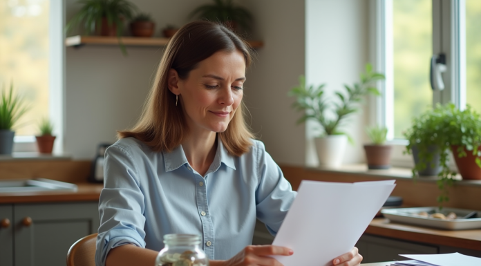 Femme d'âge moyen tenant un jar rempli de pièces et billets