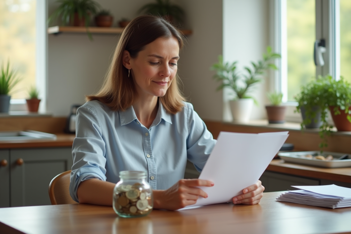 femme-argent-comptes Femme d'âge moyen tenant un jar rempli de pièces et billets