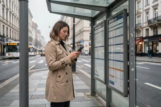 Femme consultant les horaires du bus 172 sur son smartphone à un arrêt de bus urbain en semaine