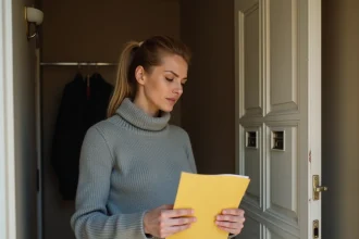 Femme inquiète tenant un avis de passage recommandé 2C devant sa boîte aux lettres