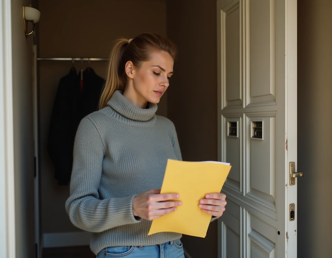 Femme inquiète tenant un avis de passage recommandé 2C devant sa boîte aux lettres
