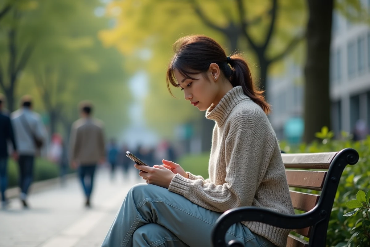 Femme lisant manga sur smartphone dans un parc urbain