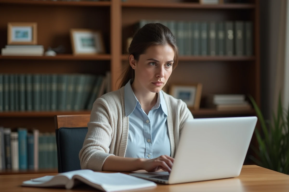 Femme concentrée tapant une lettre dans un bureau à domicile
