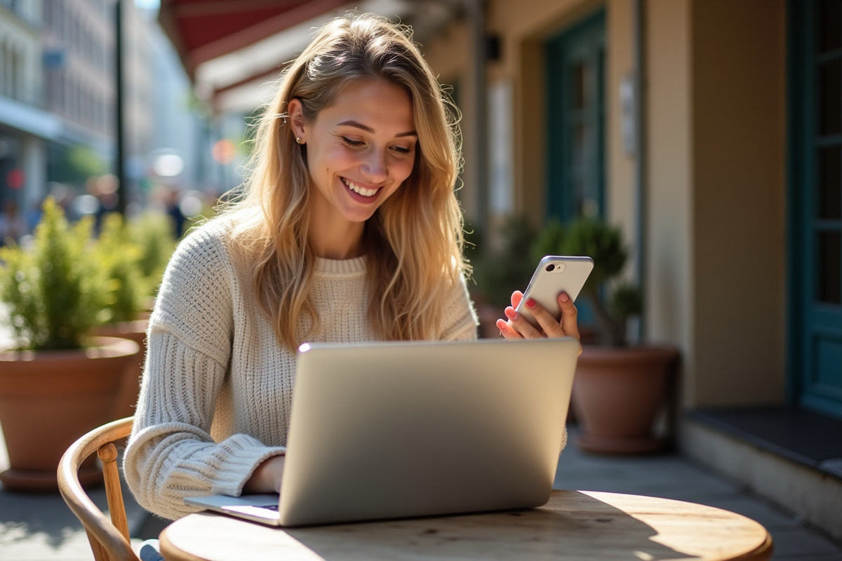 Jeune femme souriante utilisant son ordinateur au café