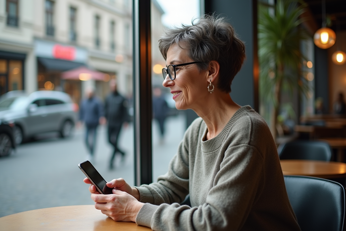 Femme au café utilisant une application VPN sur son téléphone