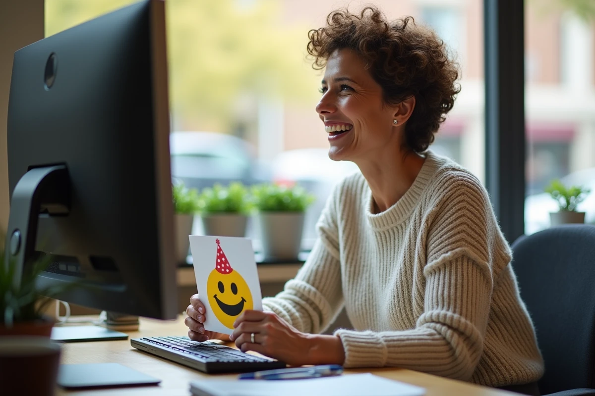 Femme souriante lisant une carte d'anniversaire humoristique avec smiley rigolo à son bureau
