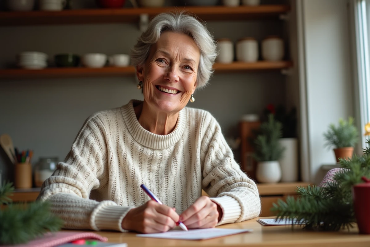 Femme souriante créant une carte de Noël à la maison