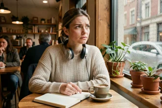 Femme portant un casque audio autour du cou dans un café, semblant entendre sans vraiment écouter, illustrant la différence entre entendre et écouter
