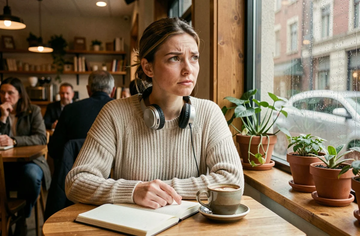 Femme portant un casque audio autour du cou dans un café, semblant entendre sans vraiment écouter, illustrant la différence entre entendre et écouter