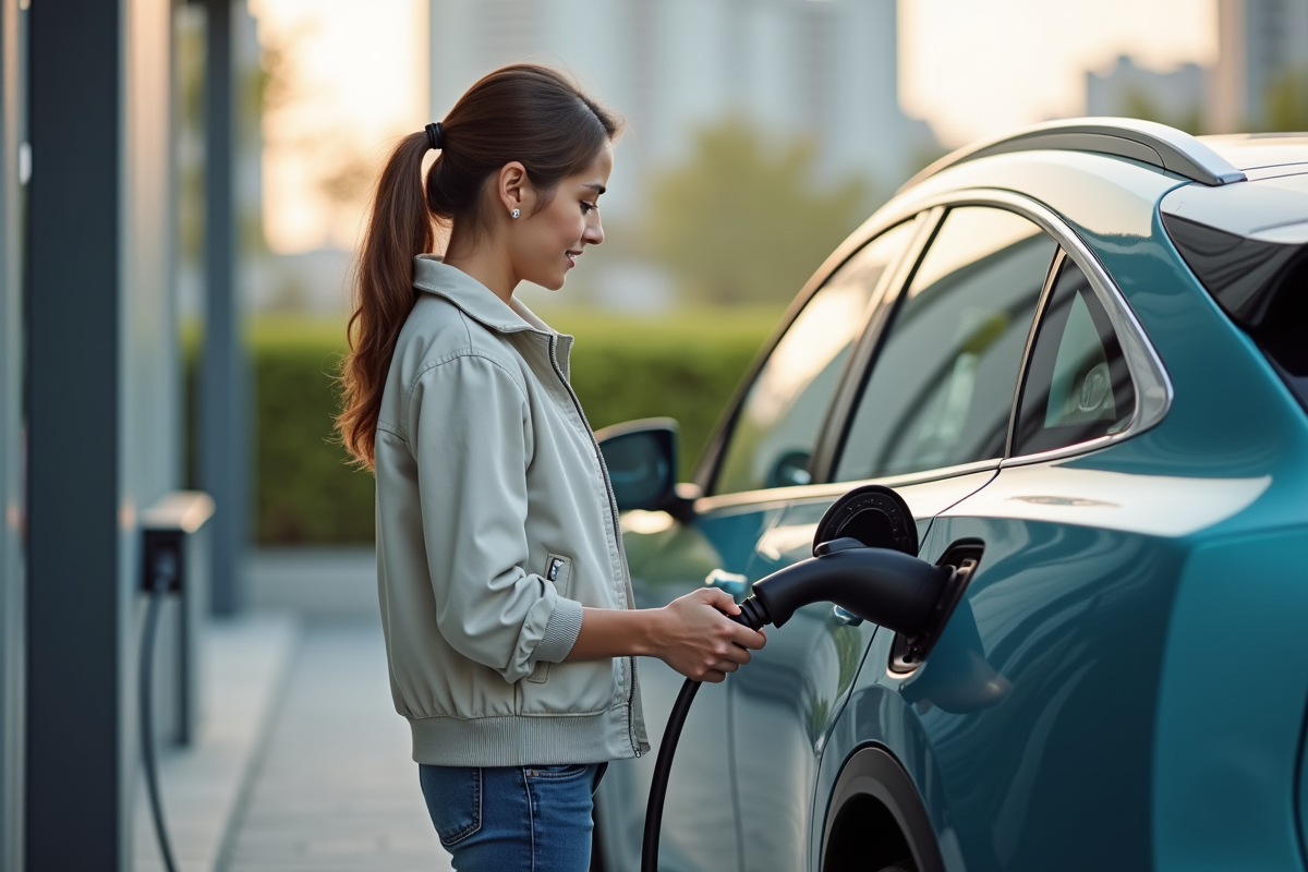 Jeune femme connectant une voiture électrique à une borne de recharge en ville