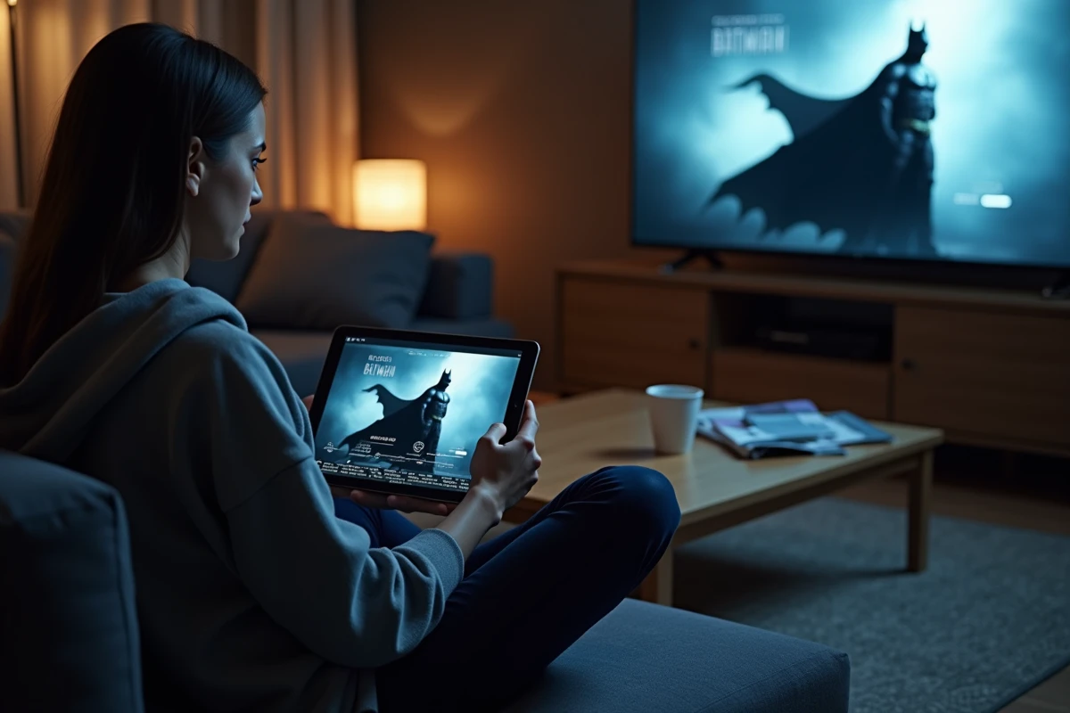 Femme consultant la chronologie officielle des films Batman sur une tablette dans son salon
