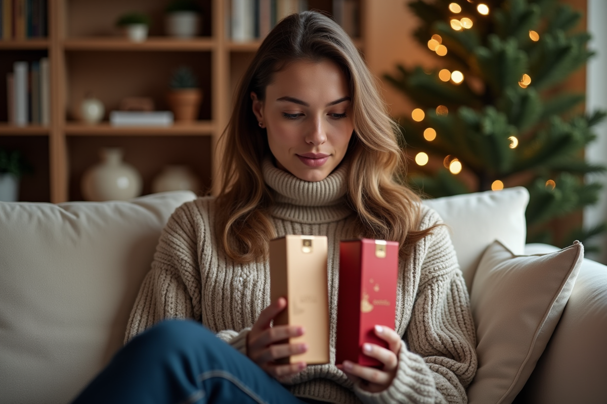 Jeune femme comparant deux calendriers de chocolat dans le salon