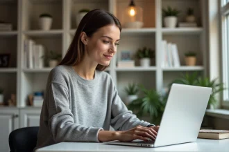 Femme consultant le site d'actualités Gospi sur un ordinateur portable dans un bureau à domicile moderne