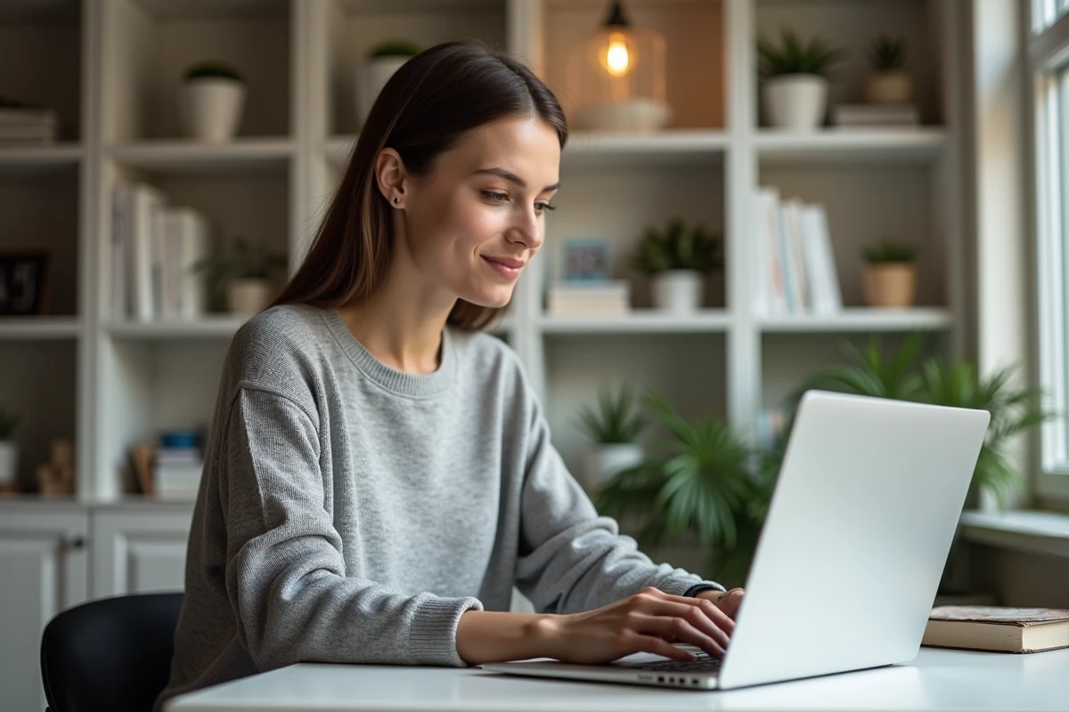 Femme consultant le site d'actualités Gospi sur un ordinateur portable dans un bureau à domicile moderne