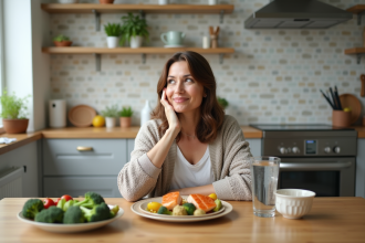 Femme méditant à la cuisine avec aliments sains