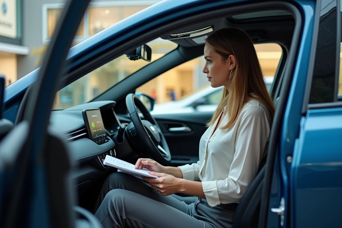 Jeune femme regardant le tableau de bord d