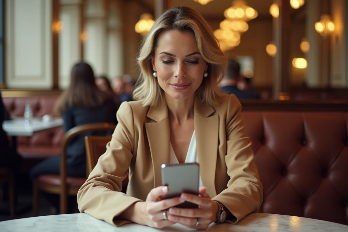 Femme distinguée consultant l'application Eliterencontre sur smartphone dans un café parisien élégant