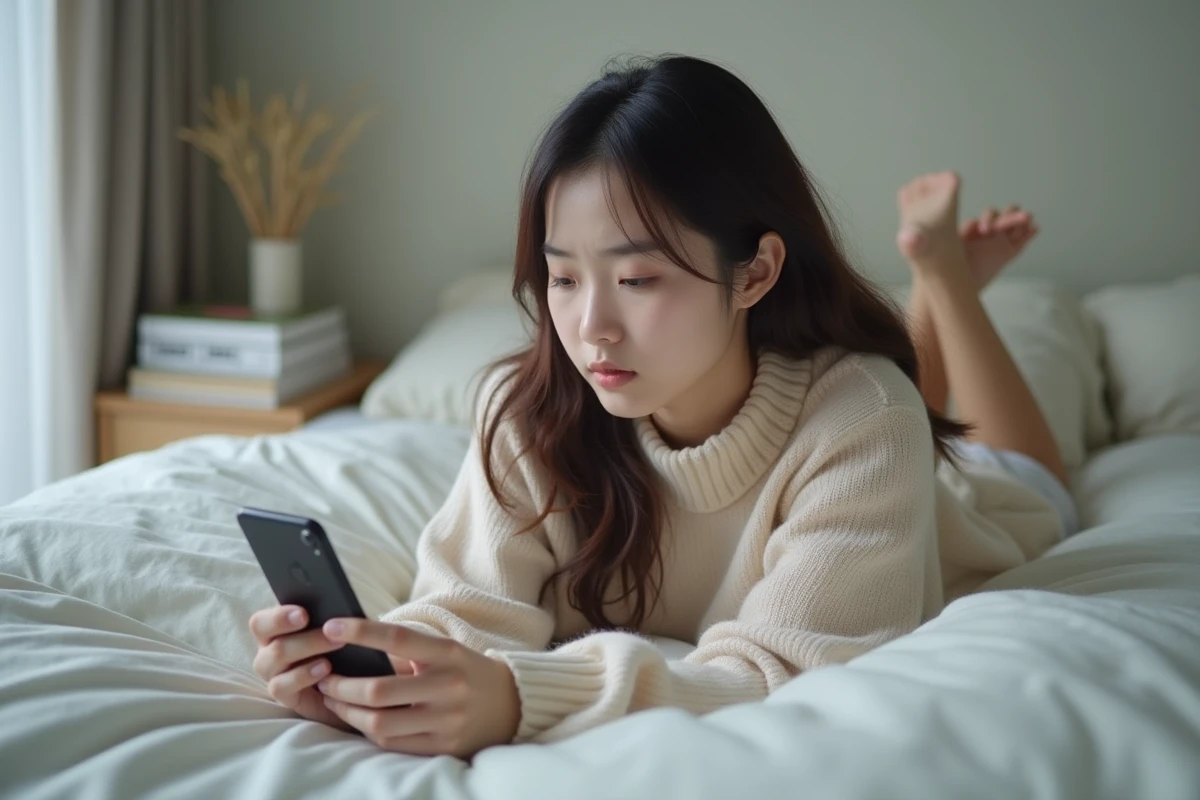 Jeune femme allongée sur son lit regardant une erreur de chargement sur son smartphone, avec des mangas posés sur la table de chevet