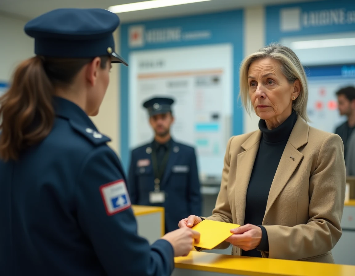 Femme récupérant un courrier recommandé au guichet de La Poste avec avis de passage