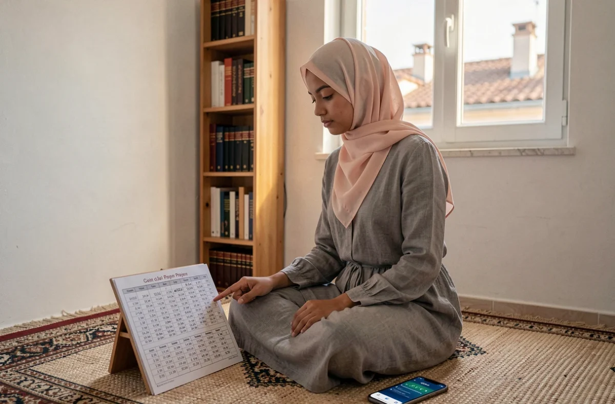 Jeune femme voilée consultant les horaires de prière sur une application islamique dans une salle de prière à Montpellier