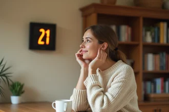 Femme regardant une horloge affichant 21h21 dans une cuisine chaleureuse, symbole de message angélique