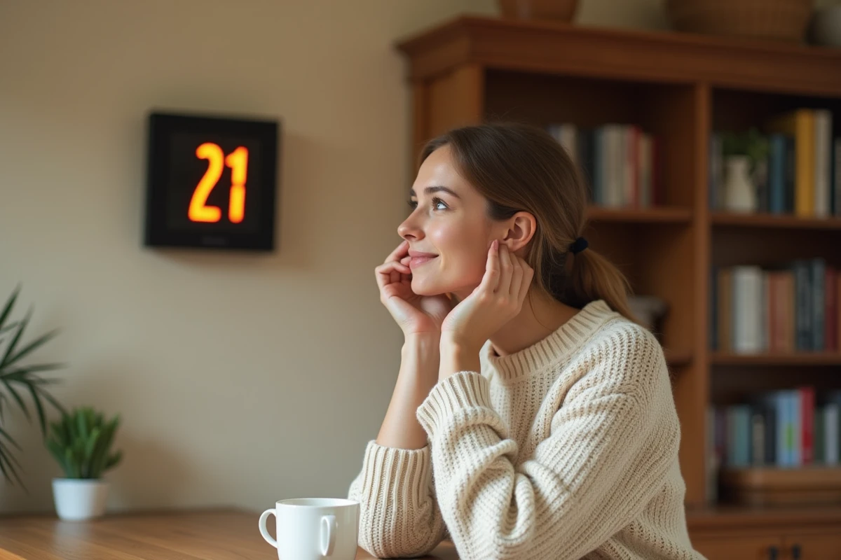 Femme regardant une horloge affichant 21h21 dans une cuisine chaleureuse, symbole de message angélique