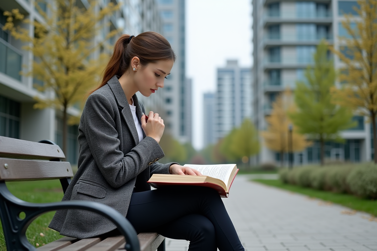 Jeune femme lisant un code dans un parc urbain
