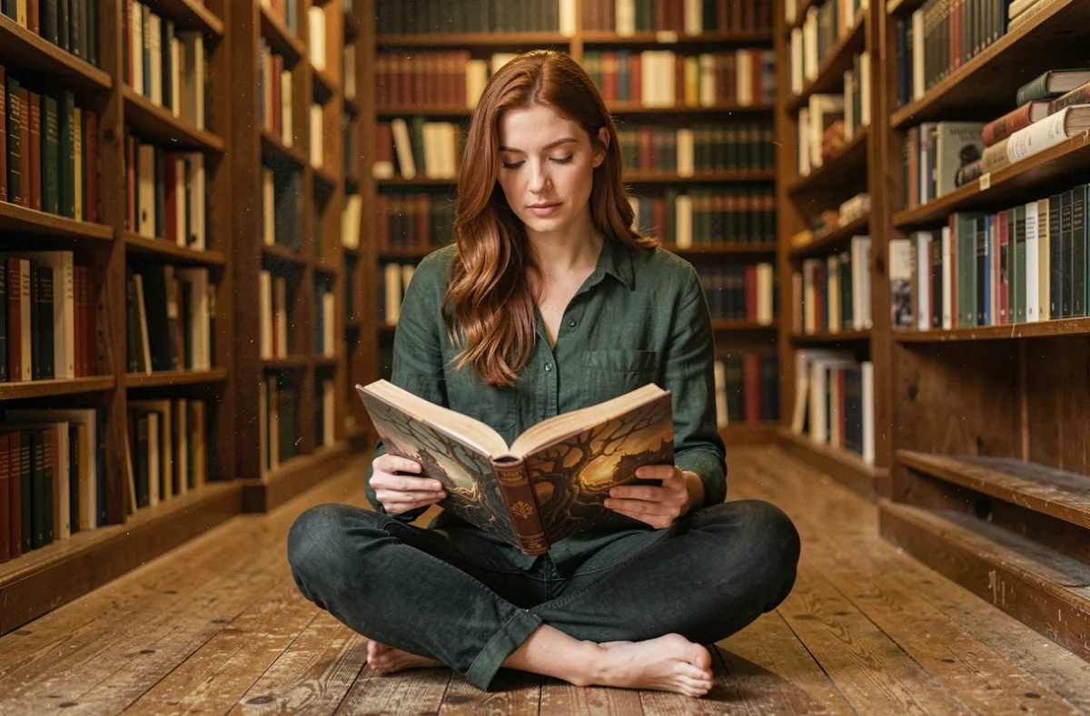 Femme lisant un roman fantasy illustré d'un arbre-monde Yggdrasil dans une librairie ancienne
